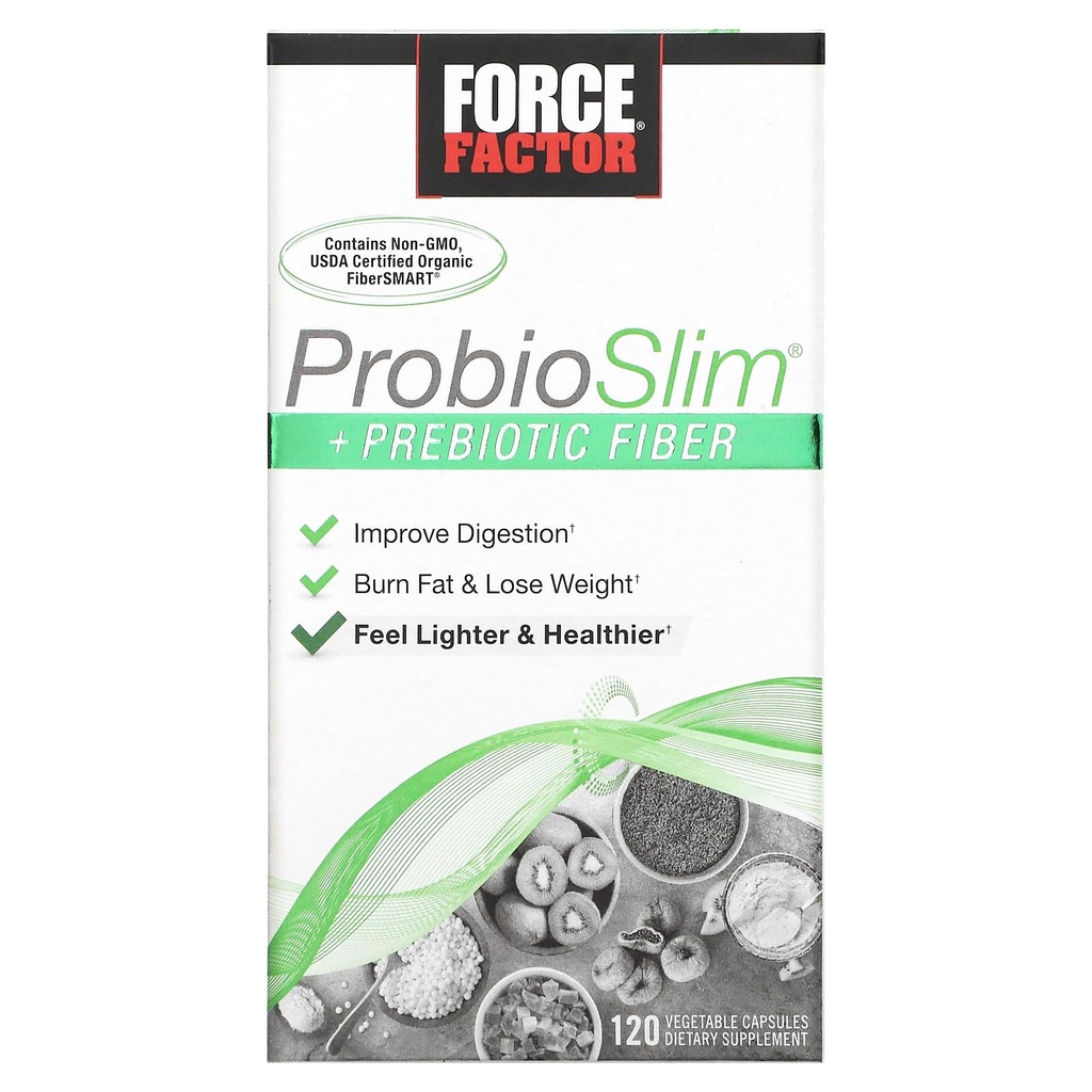 Facteur de force ProbioSlim + supplément de perte de poids de fibre prébiotique pour les femmes et les hommes, probiotique et prébiotique soutien de la santé digestive avec extrait de thé vert et fibre de musc de Psyllium, 120 capsules