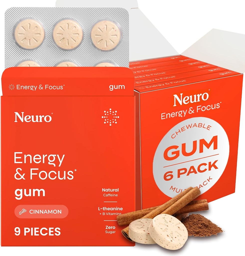 NeuroGum Energy & Focus Gum (54 Count-6 Pack, cannelle) , 40mg Caféine naturelle + L-Theanine + Vitamine B12 & B6 + Xylitol , Supplément sans sucre Nootropic Cognitive Cerveau Performance Supplément