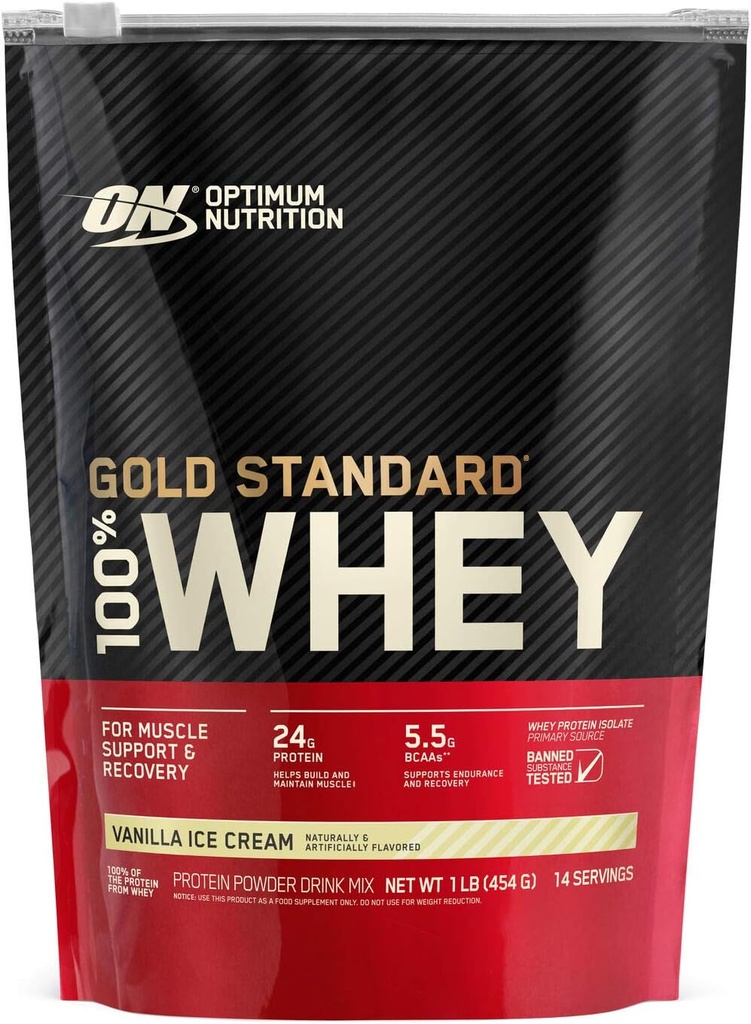 Optimum Nutrition Or Standard 100% poudre de protéines de lactosérum, crème glacée Vanilla, 1 livre (emballage mai Vary)