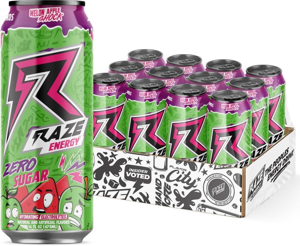 RAZE Zero Sugar Energy Drink, 300mg Koffein, Zero Calories, Performance und Hydration, Prime Choice Sugar Free Drinks für nachhaltige Energie und Fokus (Melon Apple Shock 12 Pack)