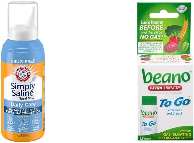 Arm & Hammer Einfach Saline Nasal Spray 4.5oz & beano zu gehen Gas Relief Tabletten 12 Zähler