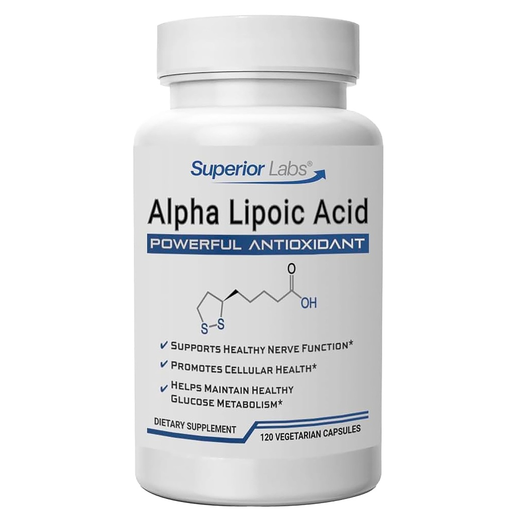 Superior Labs Alpha Lipoic Acid 600 mg Capsules, ALA pur non-OGM, Absorption élevée, Soutien nerveux, Circulation saine et réponse nerveuse, Antioxydant pour le vieillissement en santé, 120 capsules de Veg, 4 mois