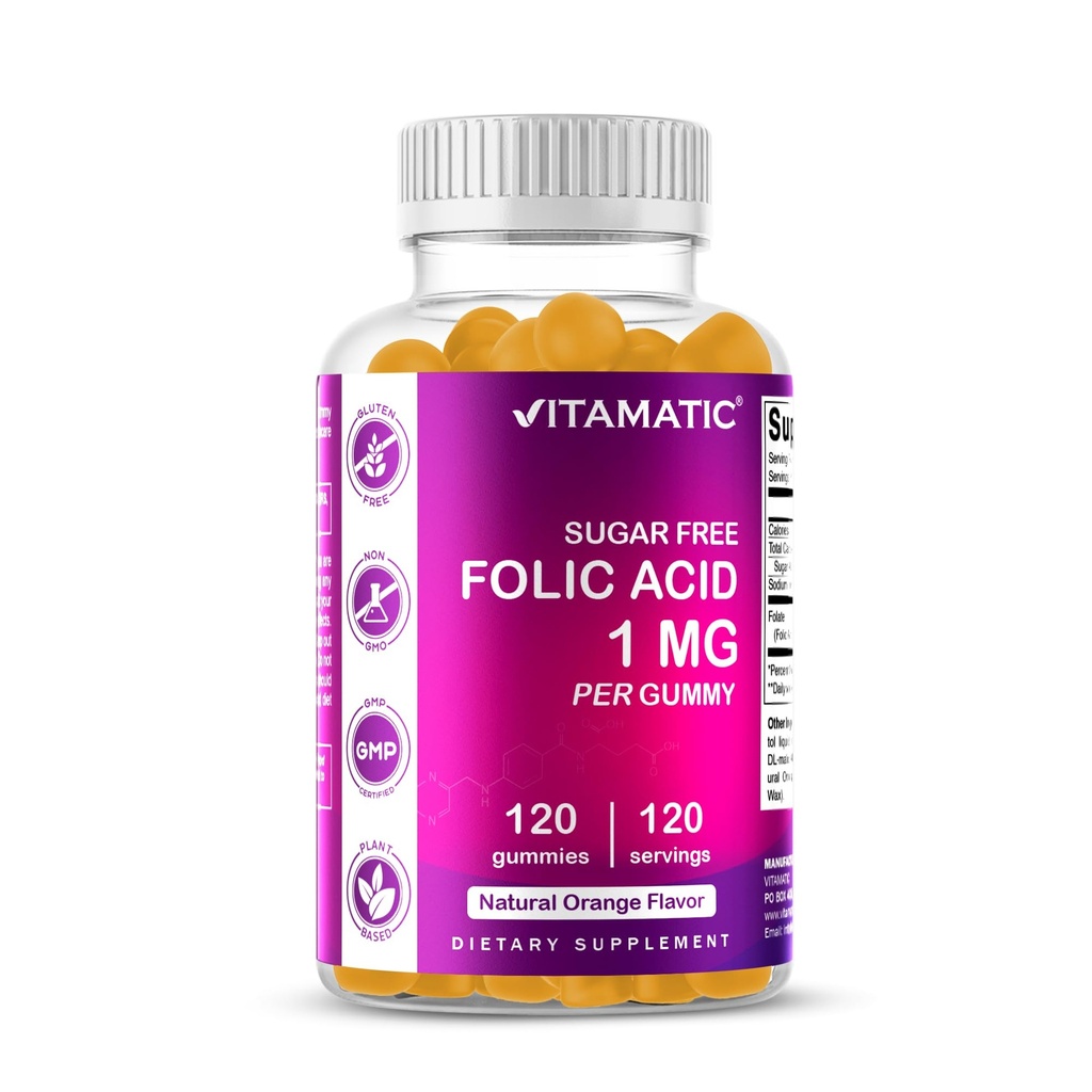Gummées d'acide folique vitamatique 1000 mcg (1 mg) - Vitamines prénatales essentielles pour maman et bébé - Vitamine B9-120 Gummées végétales (1)