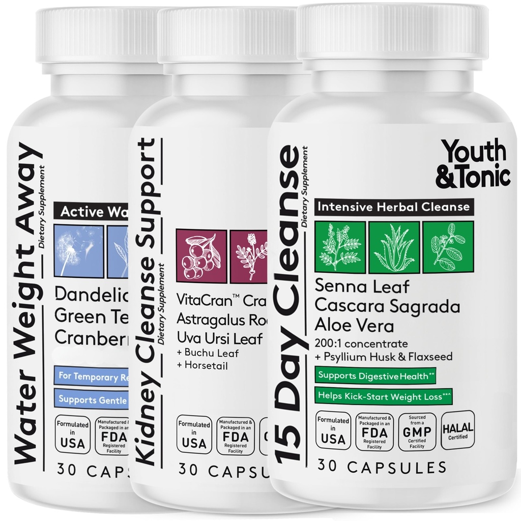 Youth & Tonic Complete Multi-Organ Detox Support – 15 jours Colon Cleanser & Gut Detox, Nettoyage des reins, Équilibre de l'eau et santé du foie, 90 pilules pour les femmes et les hommes