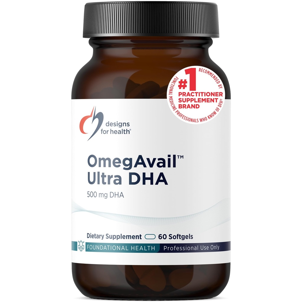 Conceptions pour la santé OmegAvail Ultra DHA - Huile de poisson Triglycéride DHA hautement concentrée, TG Huile de poisson avec 500mg DHA + 100mg EPA - Pas d'arrière-goût de poisson (60 Softgels)