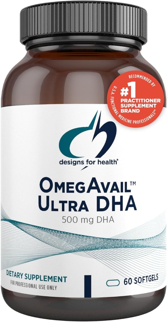 Designs für Gesundheit OmegAvail Ultra DHA - Hochkonzentriert DHA Triglycerid Fischöl, TG Fischöl mit 500mg DHA + 100mg EPA - Kein Fisch Nachgeschmack (60 Softgels)