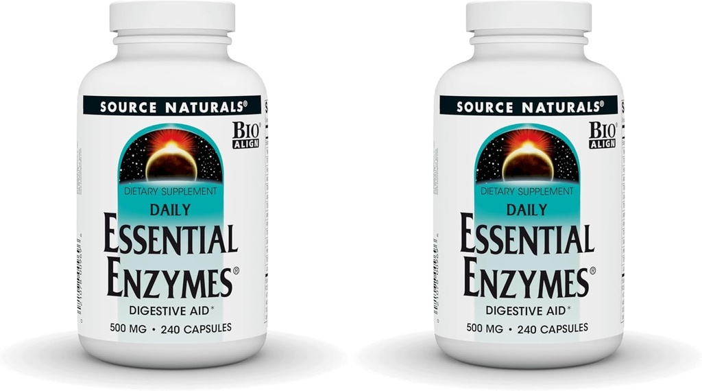 Source Naturals Essential Enzymes 500mg Bio-Aligned Multiple Enzyme Supplement Herbal Defense for Digestion, Gas, Constipation & Bloating Relief - Supports Immune System - 240 Capsules (Pack of 2)