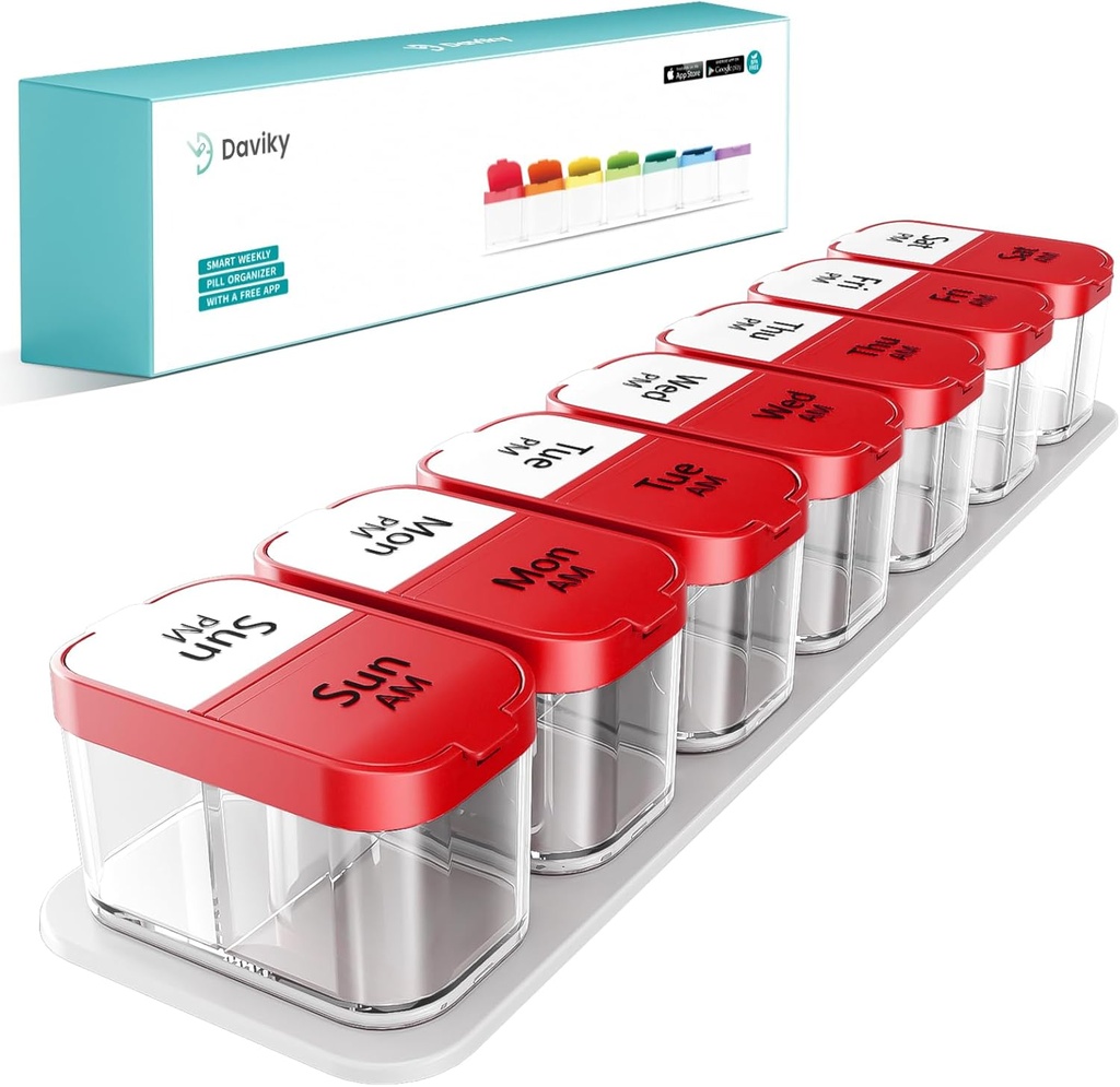 Daviky extra große Pille Organizer 2 Mal am Tag, Am Pm Pill Organizer 7 Tag, Pille Box 7 Tag, täglich Medizin Vitamin und Ergänzungen für Ältere, Arthrtische Patienten und Kinder (Rot)