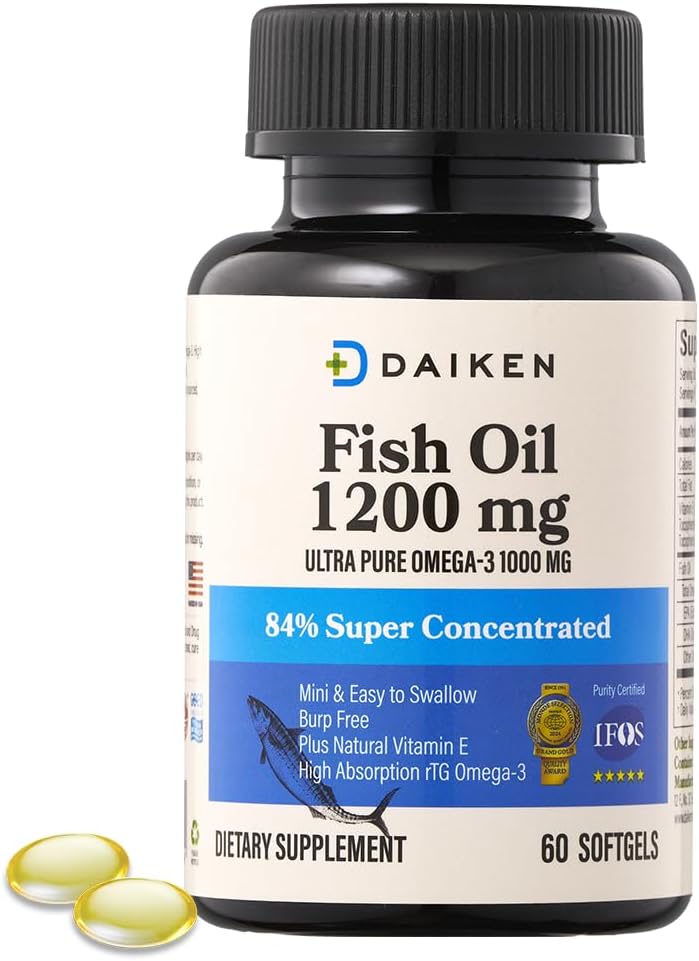 DAIKEN Mini Fish Oil 1200 mg, rTG Omega 3 1000mg, 60 Softgels, hohe Absorption & Burpless Fischöl für gesundes Herz, Gehirn und trockene Augen Unterstützung