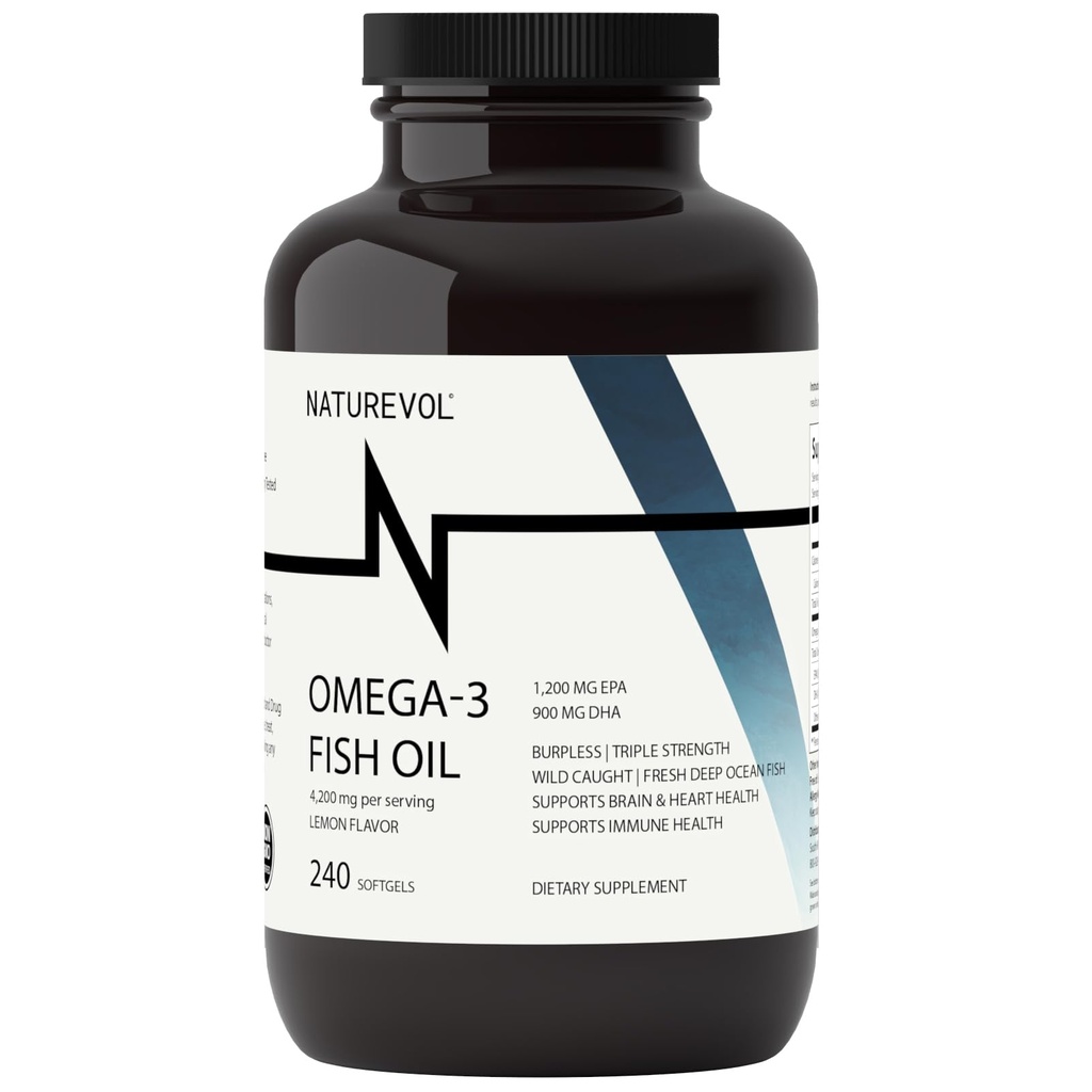 Triple force Omega 3 Huile de poisson 4200mg - Sans Burp, plus de 2200mg d'acides gras Omega 3 1200mg EPA + 900mg DHA.