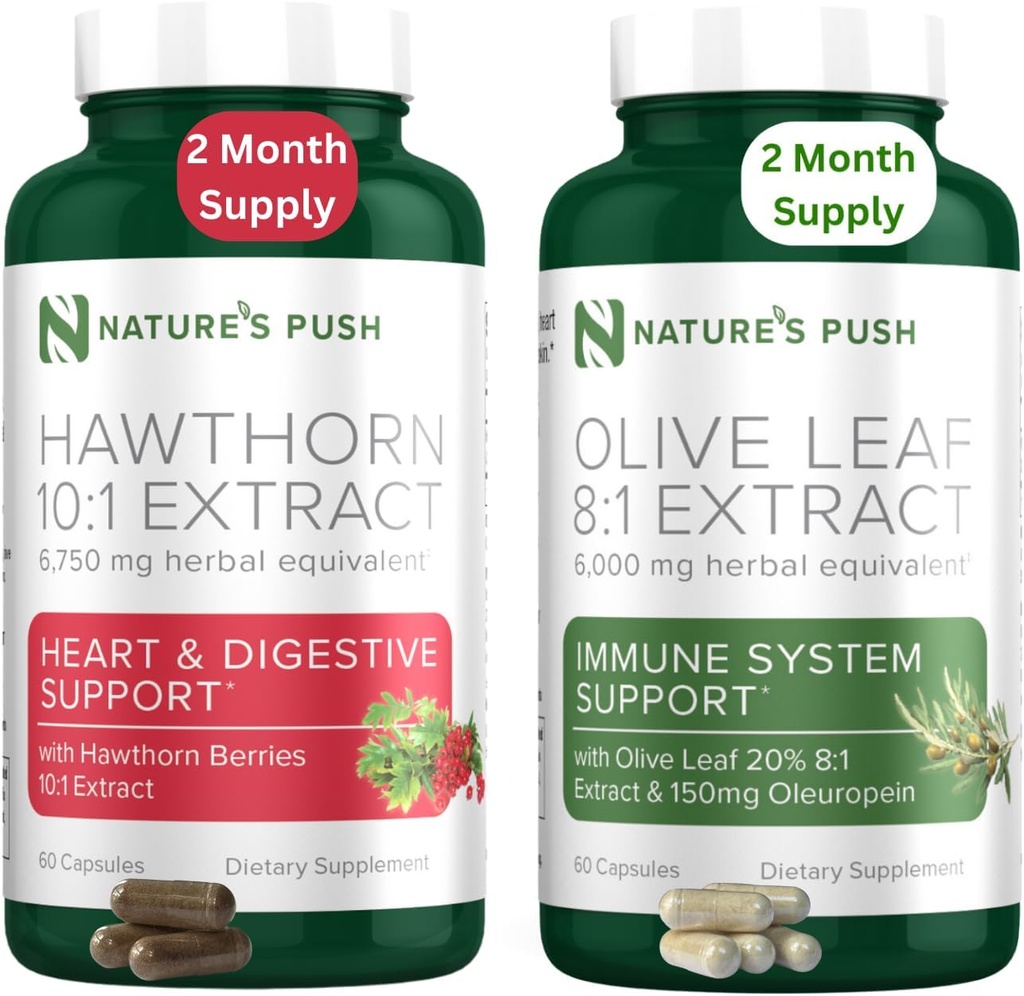 Nature Push Hawthorn Berry and Olive Leaf Bundle of Super Potent 10:1 Hawthorn Berry Extract (2 Month Supply) and Olive Leaf Super Potent 8:1 Extraire 20% Oleuropein 750mg Capsule (2 Month Supply)