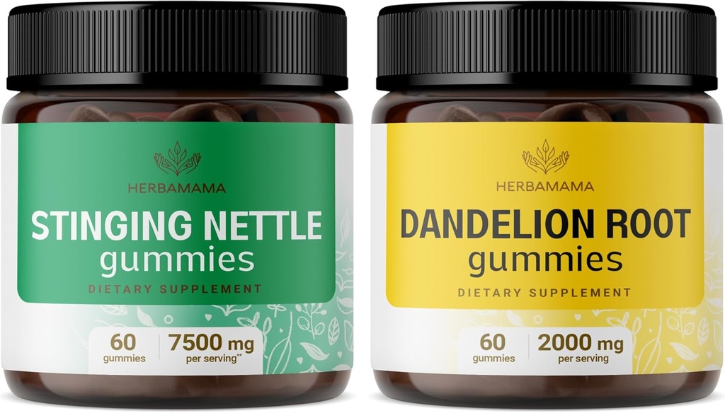 HERBAMAMA Sting Nettle and Dandelion Kit - Bundle von 7500 mg Stinging Nettle Root & 2000 mg Dandelion Root Gummies - Vegan, Non-GMO, Gelatin-Free - 2 Pack