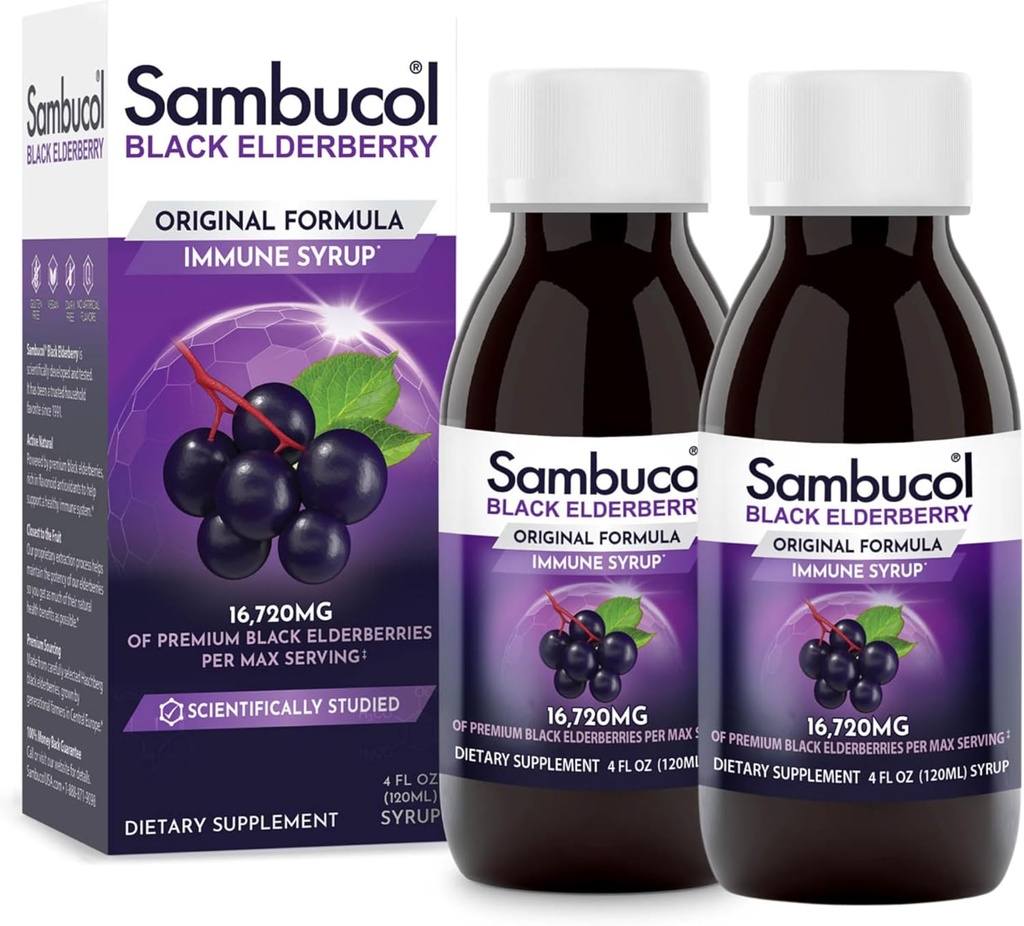 Sambucol Black Elderberry Syrup - Sambucus Elderberry Syrup, Black Elderberry Liquid, Immununterstützung für Kinder und Erwachsene, High Antioxidants, Glutenfrei - Original Formula, 4 Fl Oz, 2-Pack