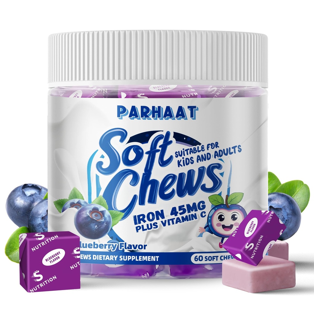 Eisen weiche Kaugummi Ergänzung mit Vitamin C | Blueberry Flavored | Gluten Kostenlose | Eisen Ergänzung für Frauen Männer und Kinder | 60 Count | 2 Monate Versorgung