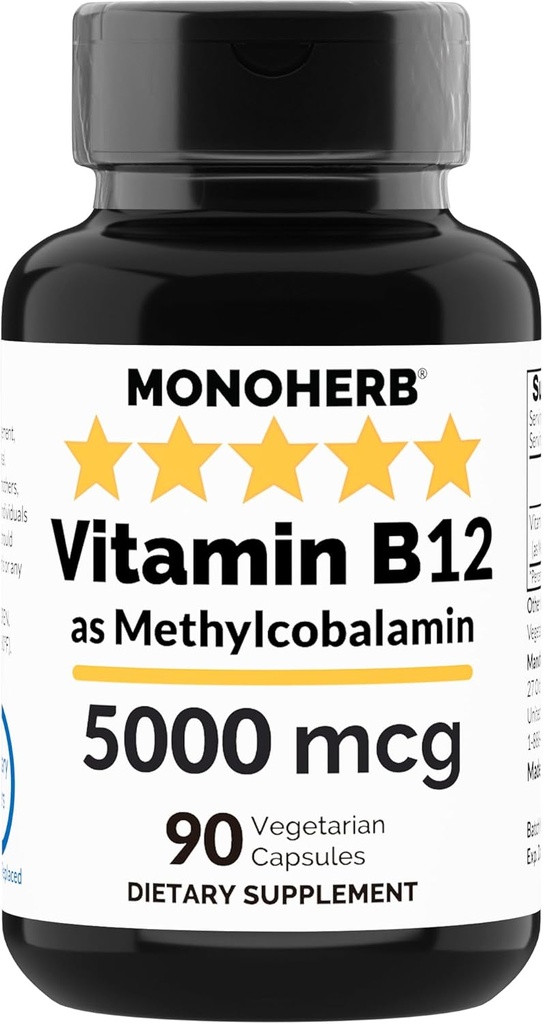 MONOHERB Vitamin B12 Methylcobalamin 5000 mcg - 90 Vegetarische Kapseln - B12 Methyl