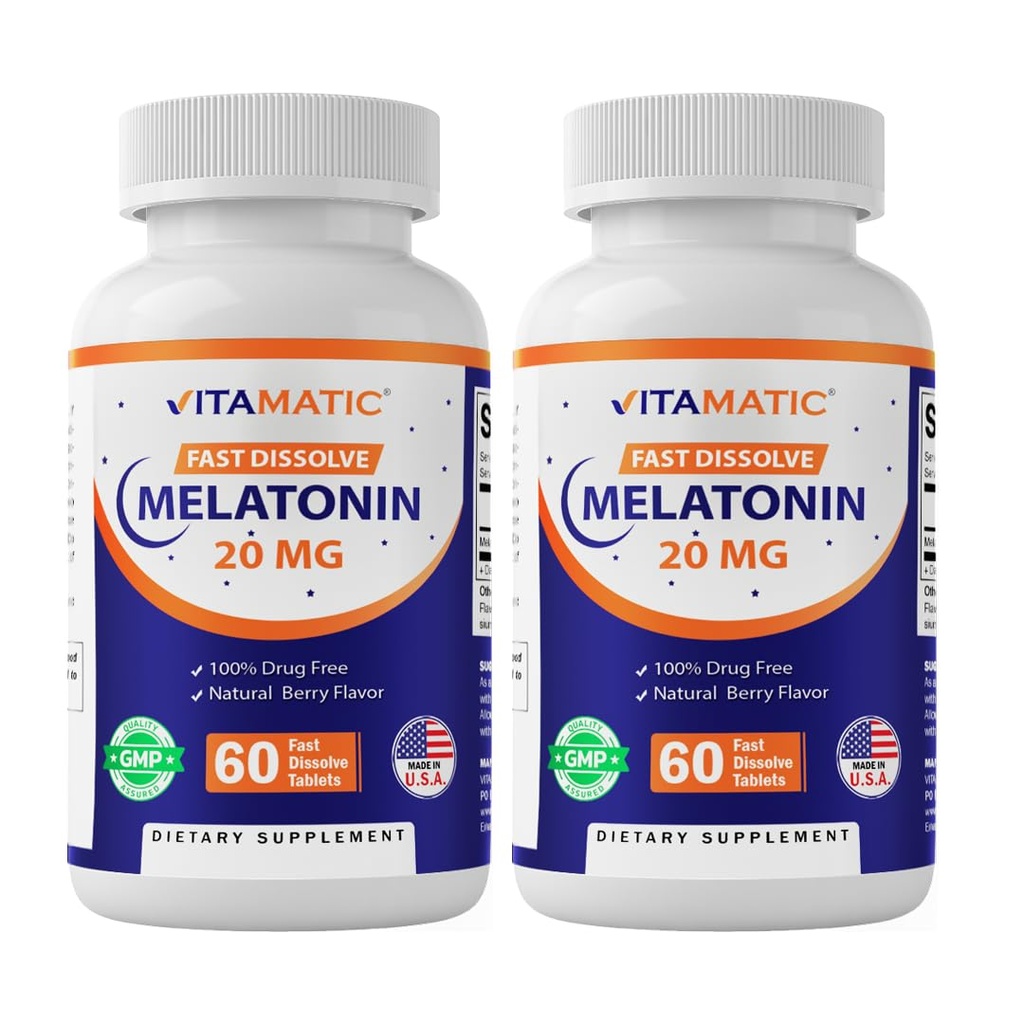 Vitamatic 2-Pack haute puissance Mélatonine 20 mg – 60 comprimés à dissolution rapide Total Soutien de sommeil à action rapide – Fleur de baie naturelle