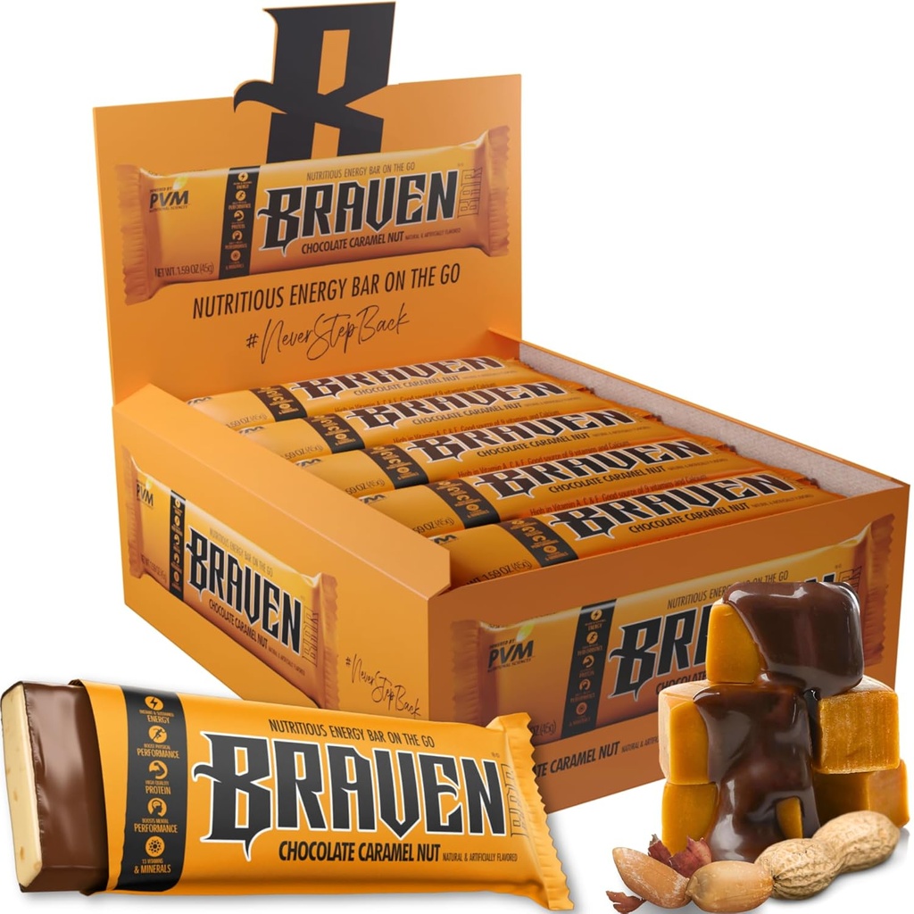Braven Bar Chocolate Caramel Nut Energy Bars (1.59 Unze, Pack of 20) – Energy Chews mit 5g Protein – On-the-Go Energy Snacks für Laufen, Wandern und Sport - Gluten kostenlose Snacks für nachhaltige Energie Boost