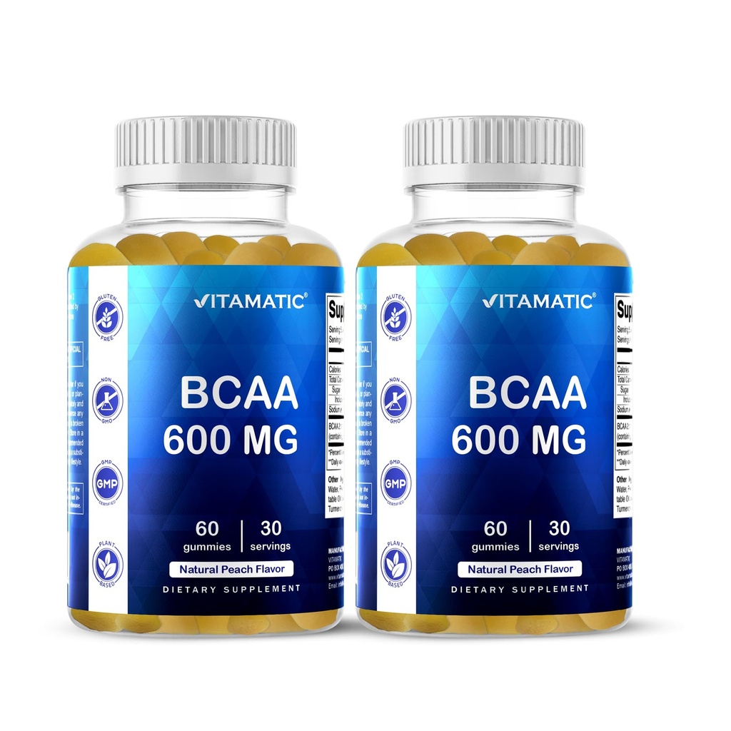 Gommies Vitamatic BCAA - Suppléments acides aminos de la chaîne de branches - Saveur de pêche - 600mg par portion - 60 Gommies à base de pectines véganes (2 bouteilles)