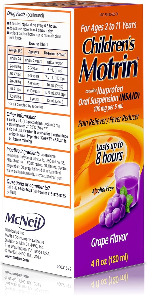 Motrin Suspension orale pour enfants Arôme de raisin - 4 oz, paquet de 4