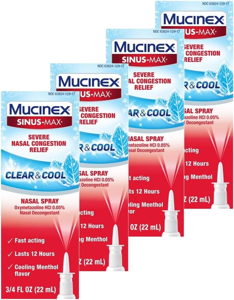 Mucinex Nasal Decongestant Spray, Sinus-Max Severe Nasal Congestion Relief Clear & Cool Nasal Spray, Last 12 Stunden, Fast Acting, Cooling Menthol Flavor, Packaging May Vary, 0.75 Fl Oz (Pack von 4)