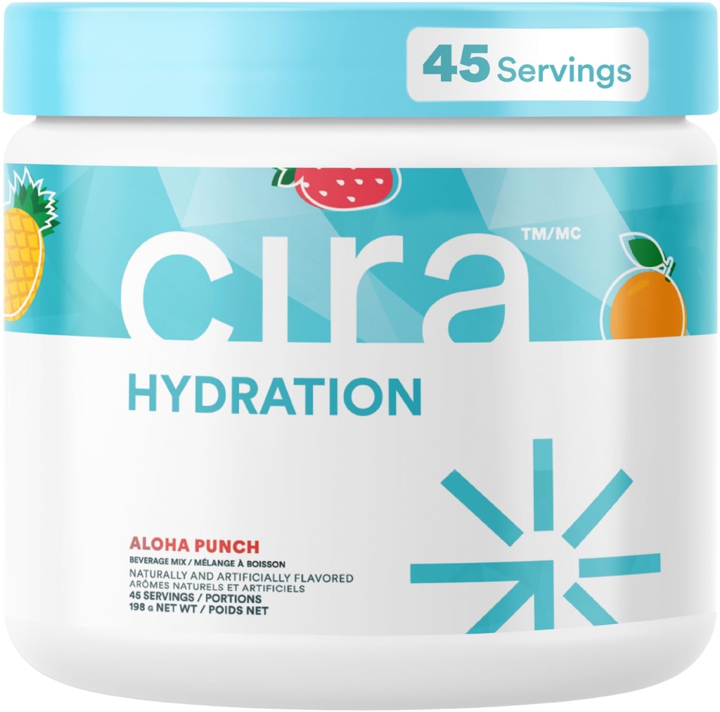 Poudre d'hydratation Cira (45 portions) - Mélange de boisson électrolytique avec sel himalayen pour le soulagement et la récupération de la déshydratation - punch fruit