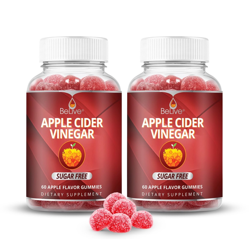 Gommies sans sucre de cidre de pomme BeLive – Idéal pour la digestion et une alimentation saine - Sans gluten, sans sirop de glucose, Gommies de vinaigre de vinaigre Alternative aux capsules et boissons (120 Ct) – 2 Pack