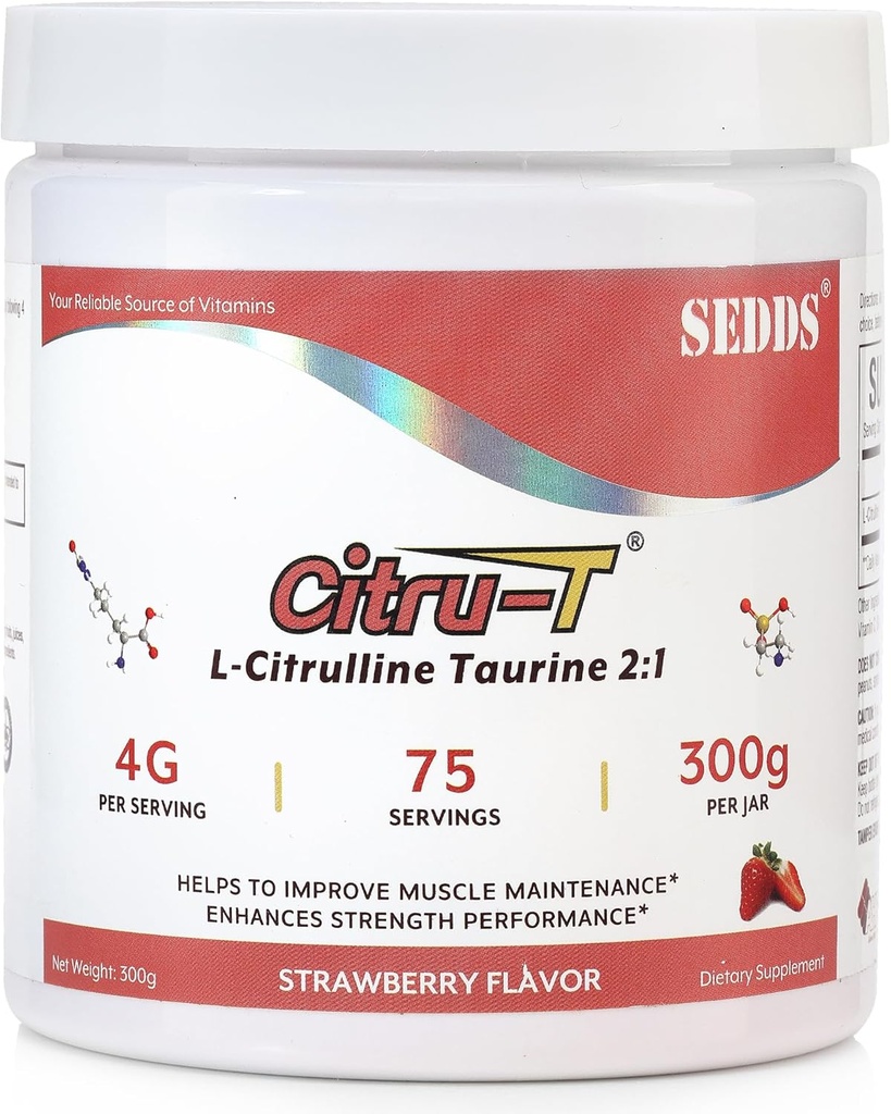 La L-Citrulline aromatisée aux fraises Taurine 2:1, L Poudre de Citrulline, Poudre Vegan Taurine non aromatisée, Nutrition sportive pré-entraînement pour les hommes et les femmes,1 livre de poudre chaque boîte