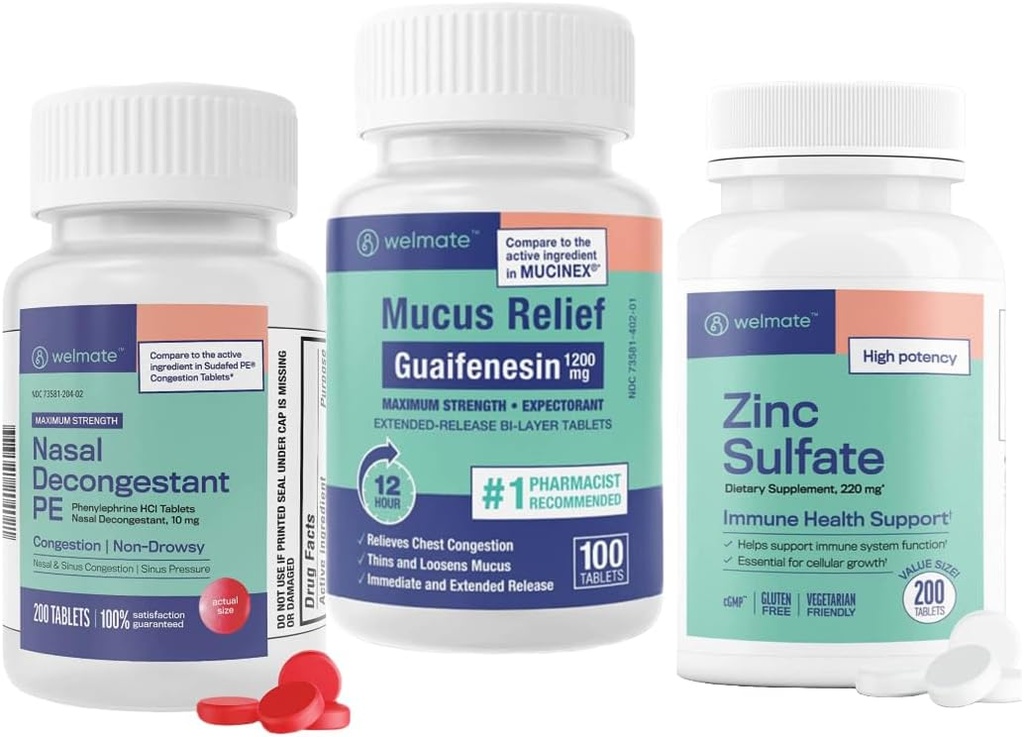 WELMATE Ultimate Cold & Allergy Relief Bundle: Force maximale Guaifenesin 1200 Mg Mucus Relief (100 comprimés), Phénylephrine HCl 10 mg Nasal Defongestant (200 comprimés) et Zinc Sulfate 220mg