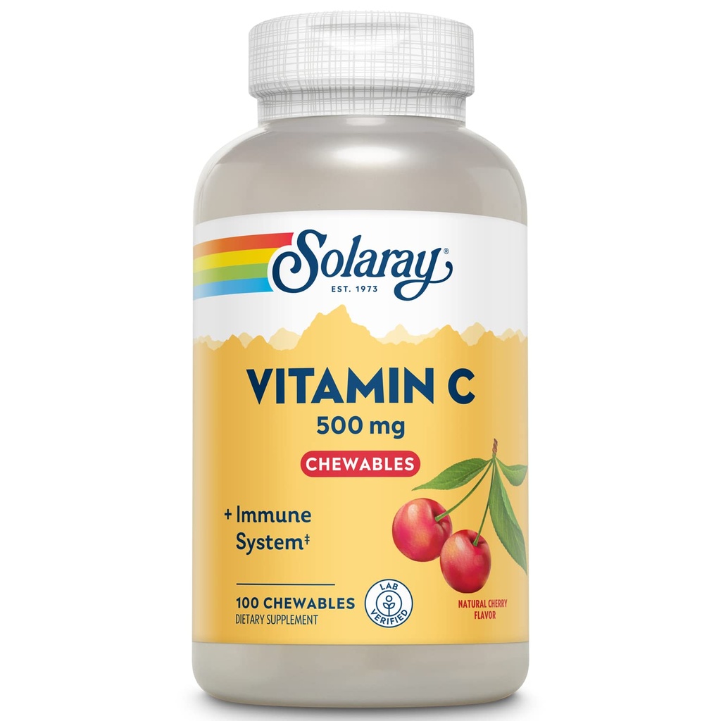 SOLARAY Kaubares Vitamin C 500 mg, Natürliche Kirsche Flavor mit natürlichen Süßungsmitteln, Antioxidans und Immununterstützungsergänzung mit ganzer Nahrungsbasis, 60-Tage-Garantie, 100 Servietten, 100 Chewables