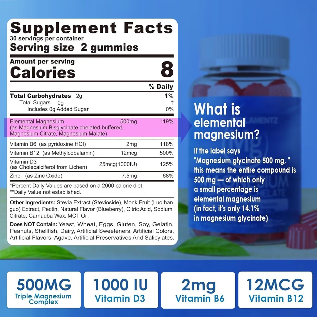 Magnesium Supplement 500mg, Magnesium Complex Gummies w/Magnesium Glycinate, Malate, Citrate, D3, B6, B12 für Schlaf, Migraine Relief, Muskel & Knochen, Ultimate Absorption Magnesium Supplement, 2 Packung