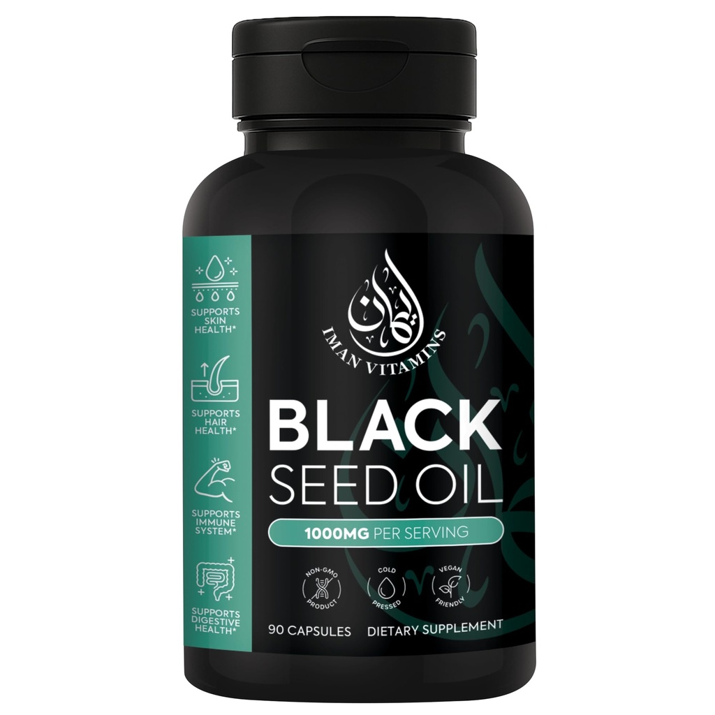 Halal natürliche schwarze Samen Öl Kapseln 1000mg kalt gepresst, Vegan, Non-GMO Nigella Sativa Kapseln, Glutenfreie Pillen | 90 Count, 1000mg PS