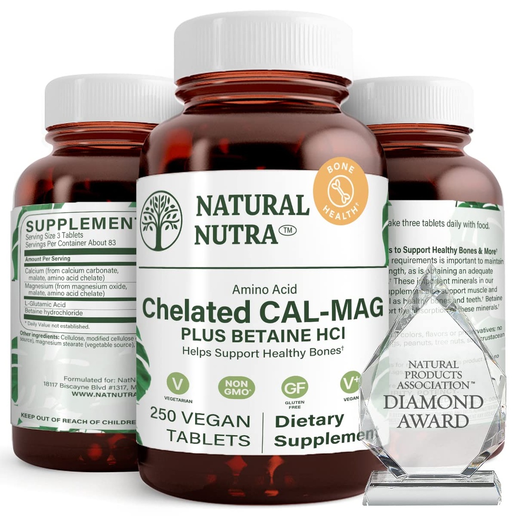 Natural Nutra Chélaté Calcium Magnésium 1000/500 mg Suppléments Plus Betaine HCL - Chélaté Cal Mag améliore la densité osseuse, soutient les muscles, les dents, la santé cardiovasculaire et nerveuse, 250 comprimés végétaliens
