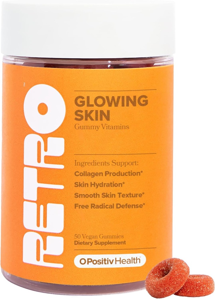 O Positiv RETRO Gummy Glowing Vitamines cutanées pour la production de collagène – Astaxanthine, vitamine E, extrait de bambou, Hibiscus et vitamine C – Gummes cutanés végétaliens pour la peau lisse et l'hydratation, 50 Compte (paquet de 1)