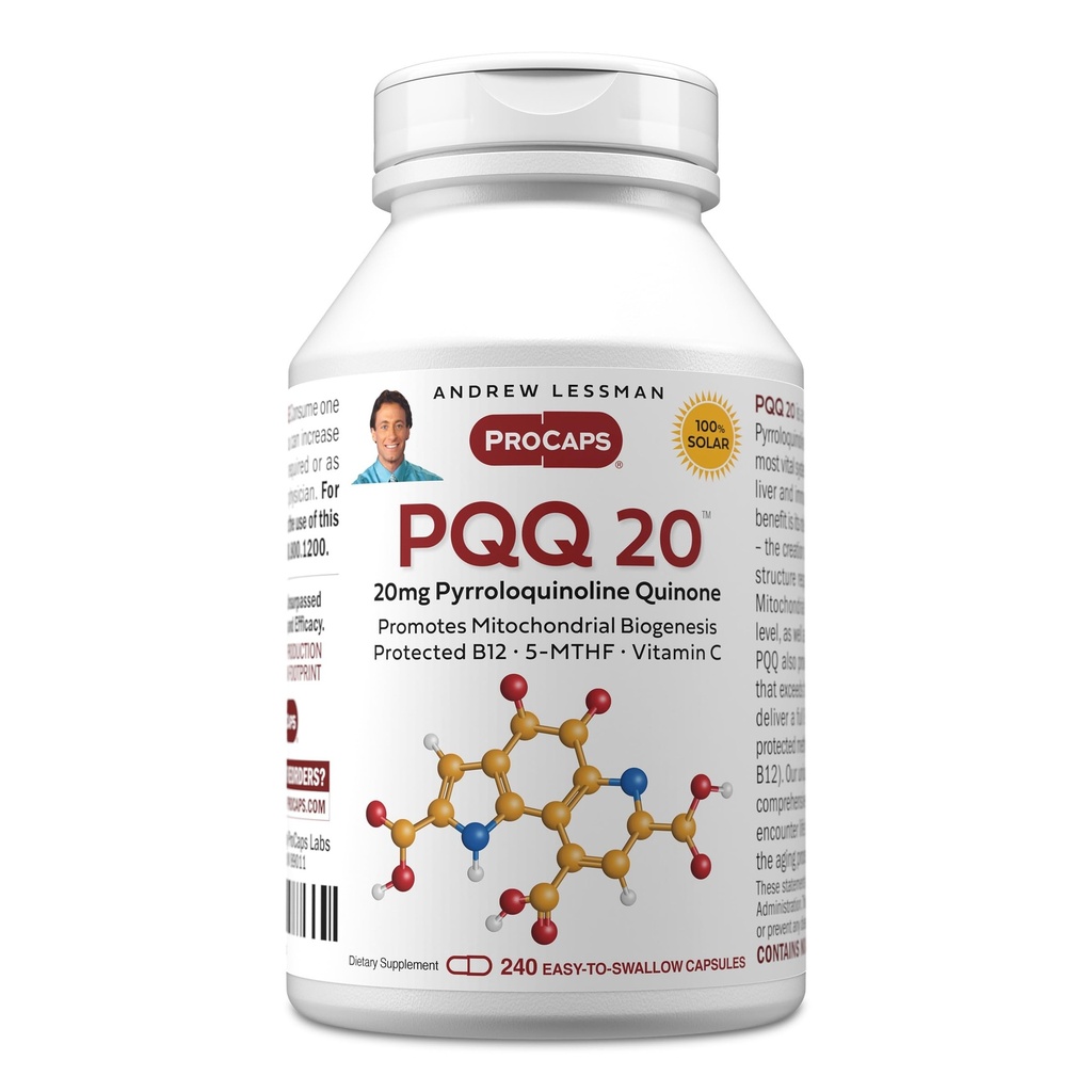 ANDREW LESSMAN PQQ 20mg - 240 Capsules - 20mg Pyrroloquinoline Quinone, composé de protection naturelle soutient les organes vitaux, le cœur, le cerveau, le foie, le système immunitaire. Biogenèse mitochondriale, aucun additif