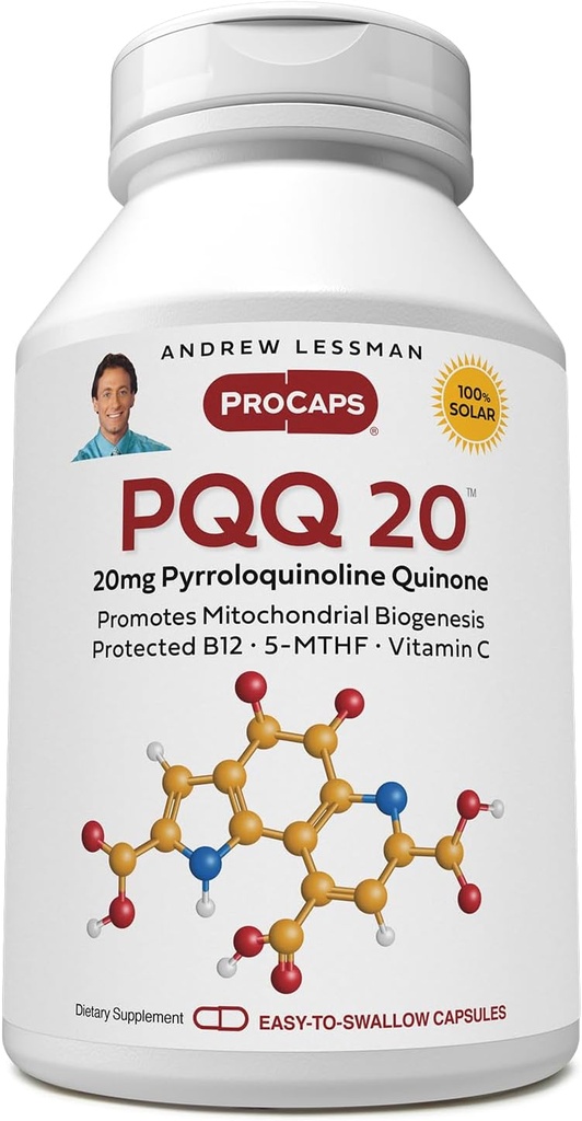 ANDREW LESSMAN PQQ 20mg - 240 Capsules - 20mg Pyrroloquinoline Quinone, composé de protection naturelle soutient les organes vitaux, le cœur, le cerveau, le foie, le système immunitaire. Biogenèse mitochondriale, aucun additif
