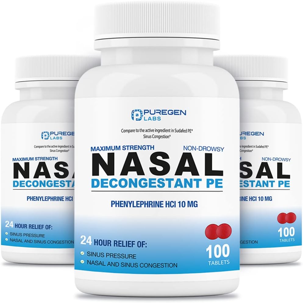Puregen Labs Nasal Decongestant PE 3 Pack - 300 Tabletten Total | Phenylephrin HCl 10 mg | Maximale Stärke | Nicht Drowsy Nasal & Sinus Congestion Relief Aufgrund von Kälte oder Allergien
