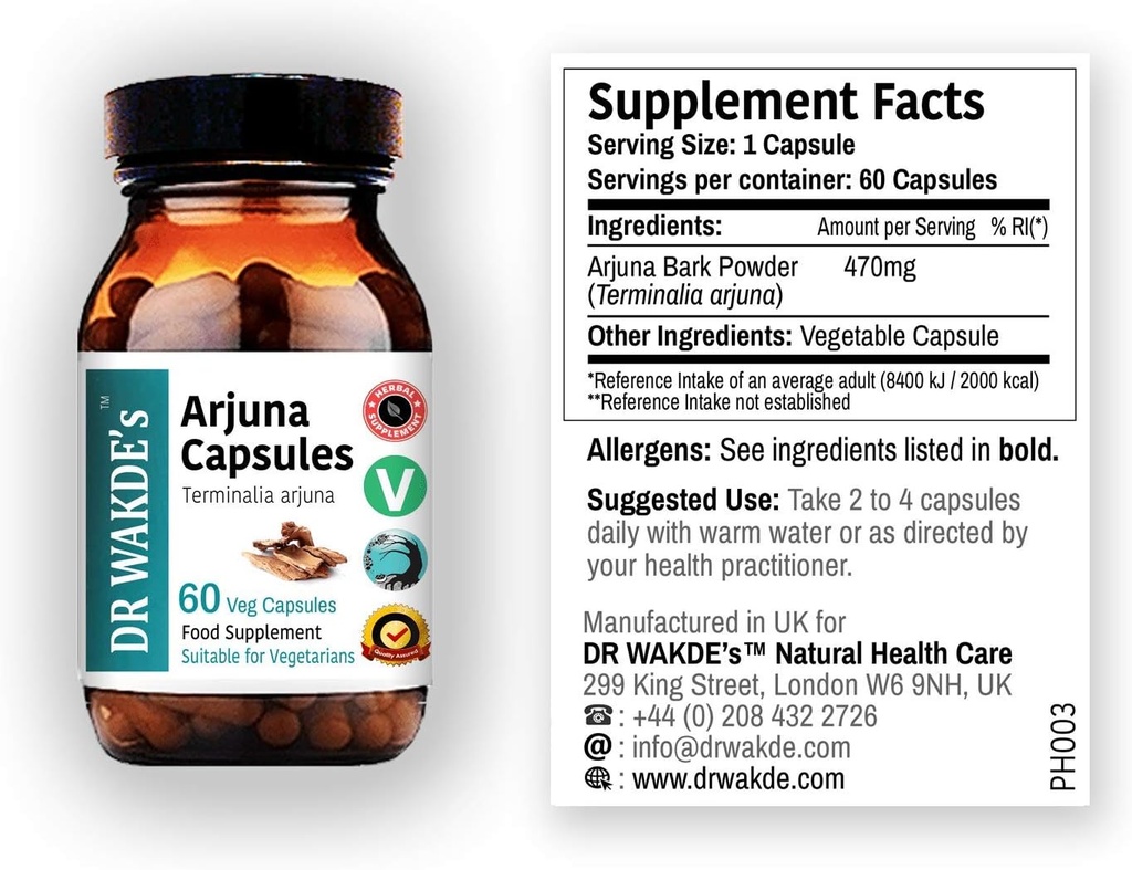 DR WAKDE Arjuna Capsules (Terminalia arjuna) | 60 Veg Caps | Ayurvedic Supplement | Vegan | 100% Kräuter | Menge Rabatte | Gleiche Tag Versand