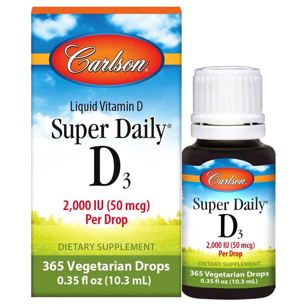 Carlson - Super Daily D3, Vitamin D Tropfen, 2.000 IU pro Tropfen, 1-Jahres-Versorgung, Vitamin D3 Flüssigkeit, Herz-und Immun-Gesundheit, Vegetarisch, flüssige Vitamin D Tropfen, entflammt, 365 Tropfen