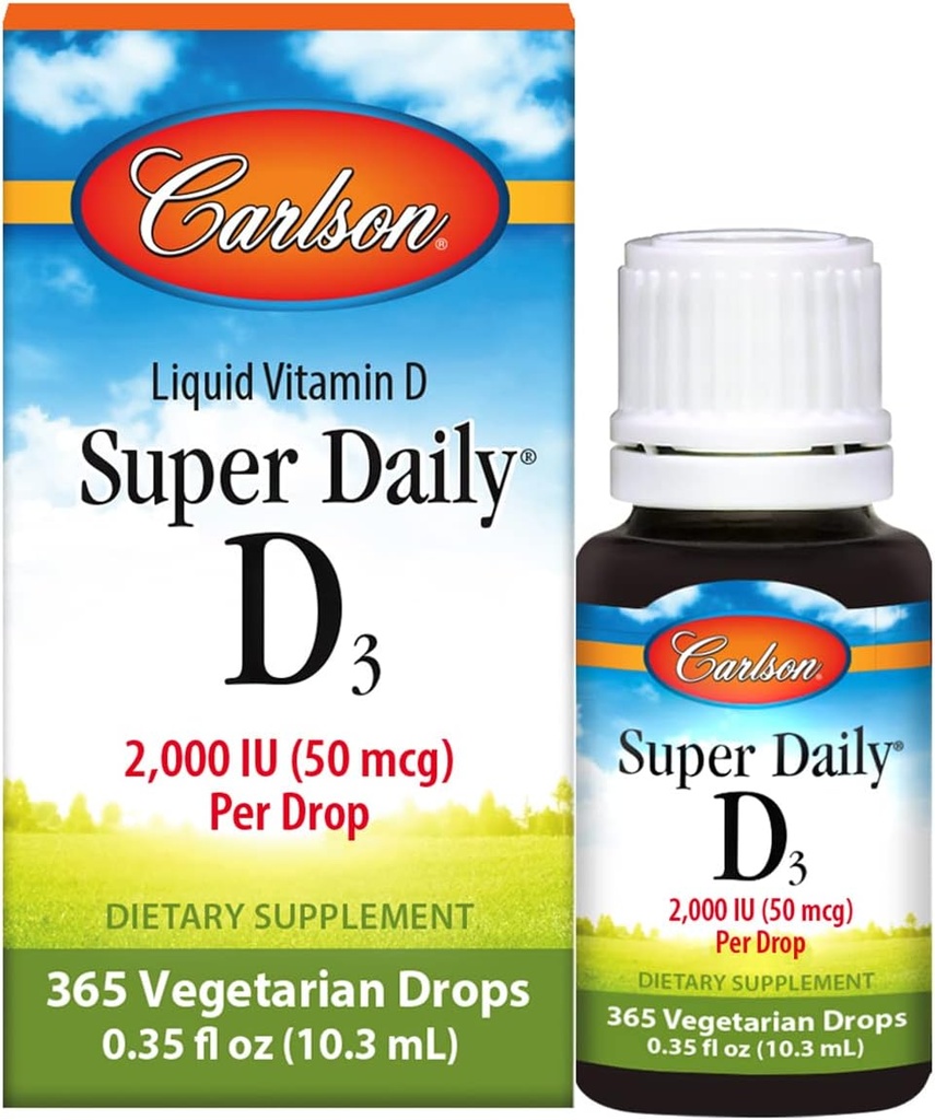 Carlson - Super Daily D3, Vitamin D Tropfen, 2.000 IU pro Tropfen, 1-Jahres-Versorgung, Vitamin D3 Flüssigkeit, Herz-und Immun-Gesundheit, Vegetarisch, flüssige Vitamin D Tropfen, entflammt, 365 Tropfen