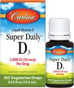 Carlson - Super Daily D3, Vitamin D Tropfen, 2.000 IU pro Tropfen, 1-Jahres-Versorgung, Vitamin D3 Flüssigkeit, Herz-und Immun-Gesundheit, Vegetarisch, flüssige Vitamin D Tropfen, entflammt, 365 Tropfen