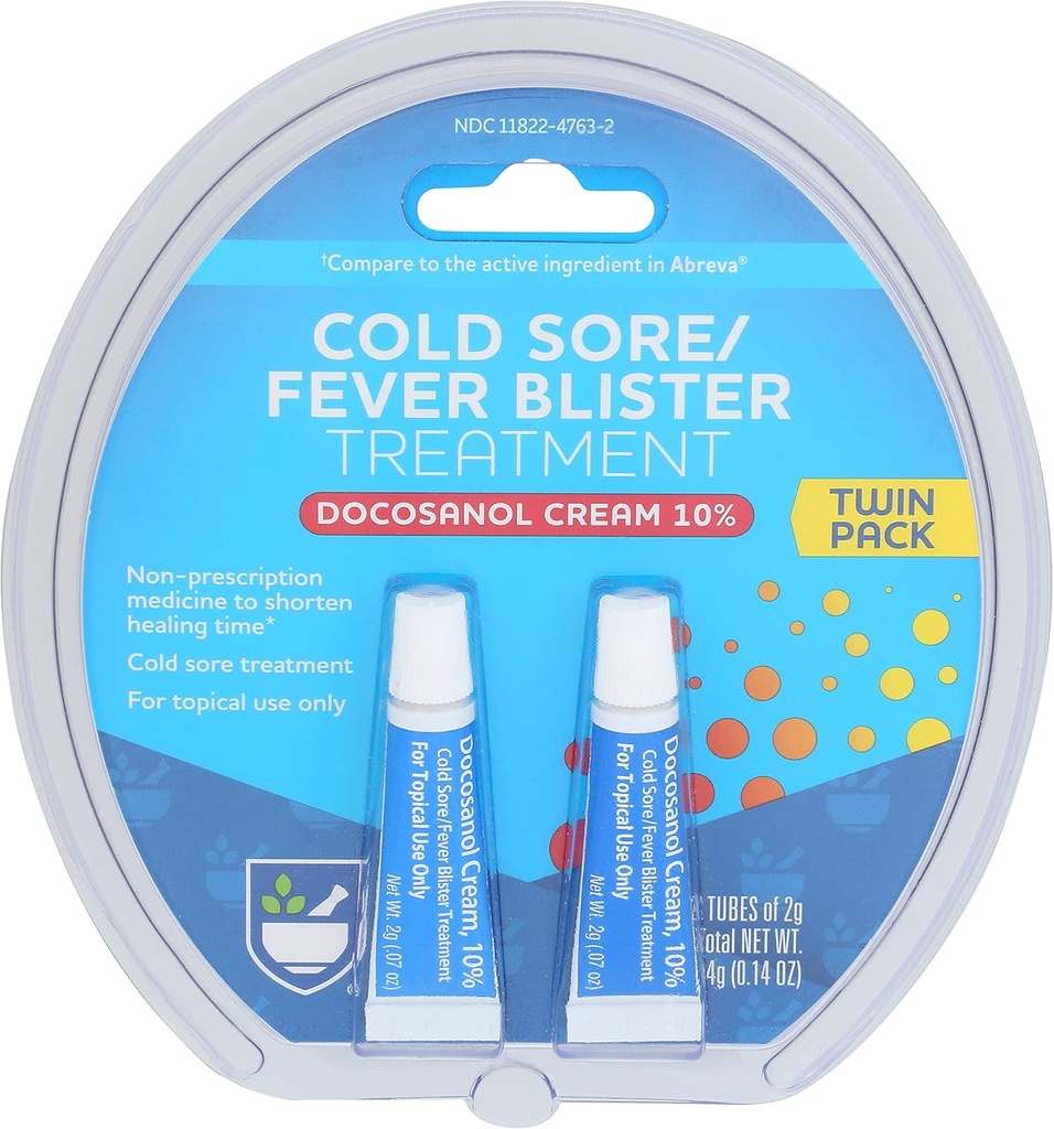 Rite Aid Crème de plaies froides pour les plaies froides et la crème de fièvre, Crème Docosanol 10%, Traitement de plaies froides pour les lèvres pour le visage, non-présciption médecine pour raccourcir le temps de guérison, 0,07 oz - 2 tubes