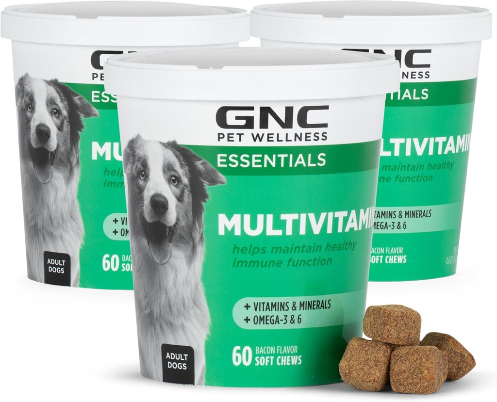 GNC Pets Essentials Dog Multivitamin Soft Chews, Salmon Oil Dog Supplement in Bacon Flavor, Immun Booster und Haut und Mantel Unterstützung Chewable mit Vitaminen & Minerals, 60 Count - 3 Pack