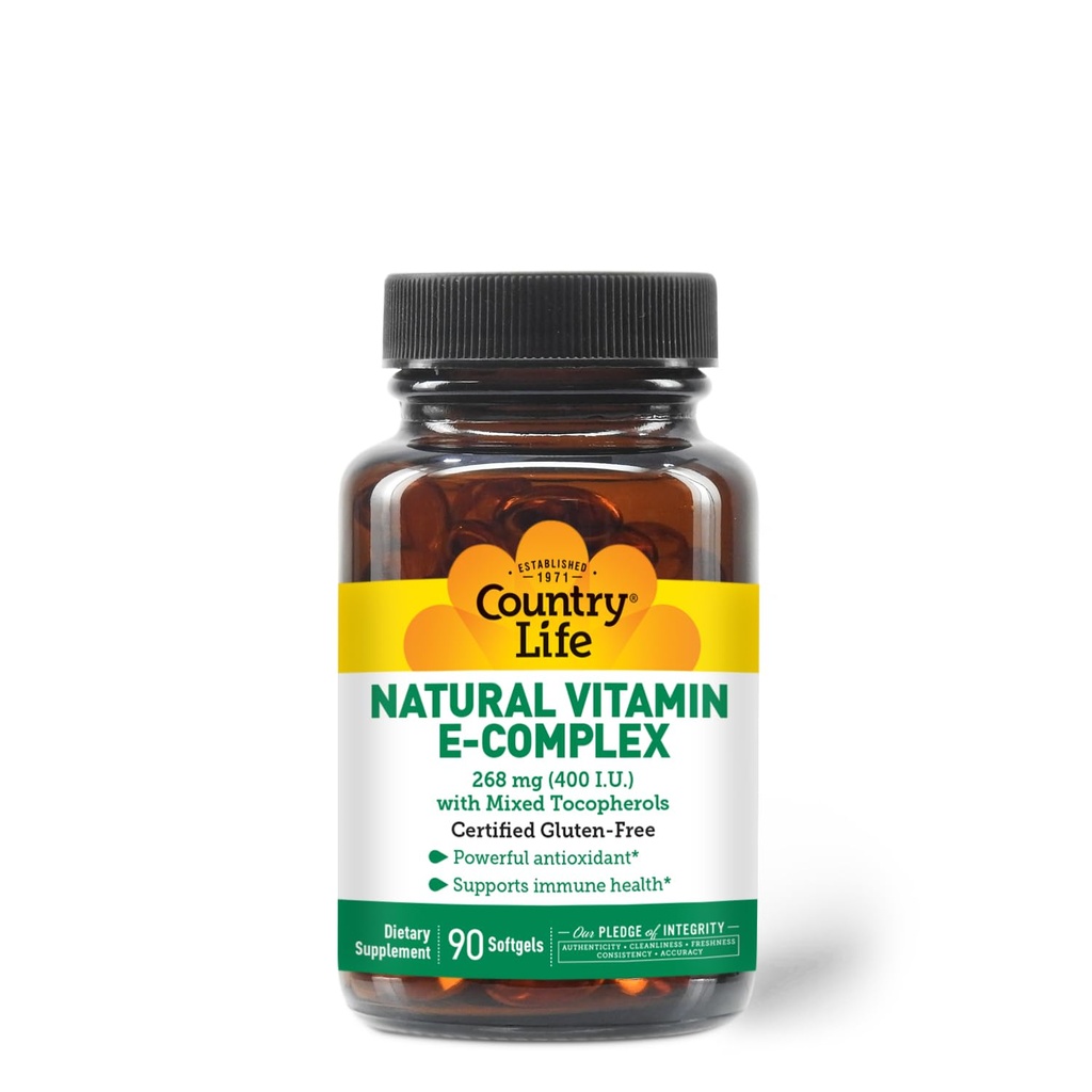 Country Life Vitamine E-Complex 400 UI – Tocophérols mélangés naturels – Antioxydants et immunosupport – favorise la santé de la peau et lutte contre le stress oxydatif – certifié sans gluten – 90 Softgels