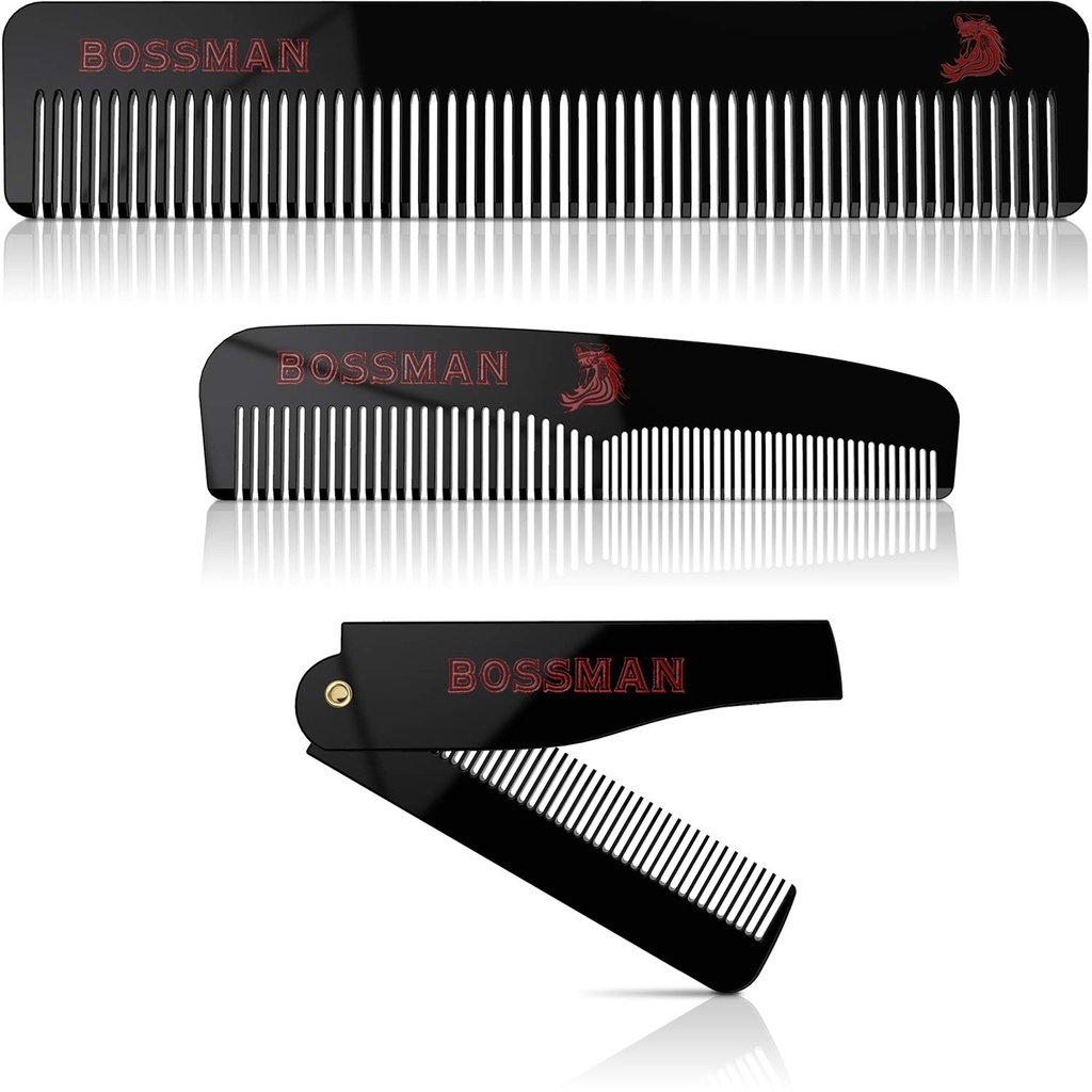 Bossman Acetate Bart, Schnurrbart, & Hair Comb Set von 3 - Combs für Herren mit minimalistischer Magnetbox (7,5-Zoll, 5-Zoll, 3,5-Zoll) - Features Rundte Zähne, Doppel-Sided Zähne und Faltbares Design
