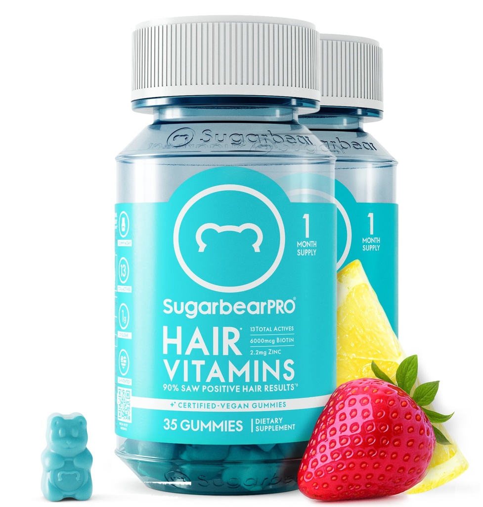 Sugarbear Hair Vitamin Gummy 2 Monat Versorgung Extra Stärke Biotin 6000mcg, Wachstum für Männer & Frauen, Vegan Vitamin B12, MSM, Inositol, Omega 3, Elderberry, Zertifizierte Kosher, Halal, Cruelty Free