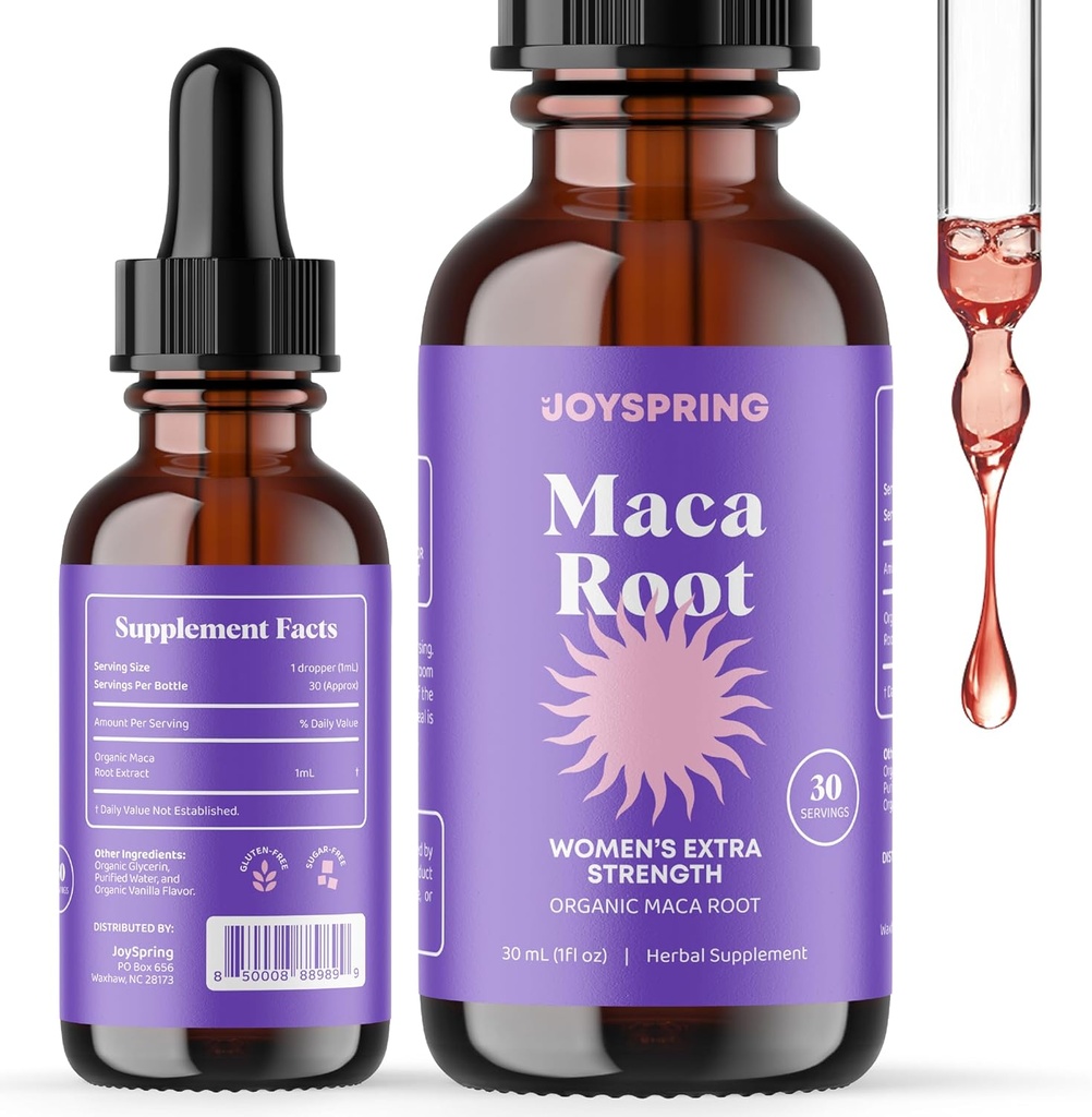 JoySpring gouttes liquides de la racine de la maca biologique pour les femmes – supplément d'énergie et de bien-être de la maca péruvienne – nouveaux cadeaux de maman – avec vitamines B2, B6, Niacine (B3), fer et calcium – 1 oz