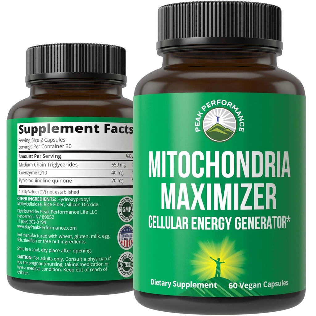 Mitochondria Maximizer mit CoQ10 und aktivem PQ. Best Mitochondrial Support Supplement mit MCT-Öl. Natürlicher Zellgenerator für saubere, fokussierte Energie 60 Vegetarische Kapseln