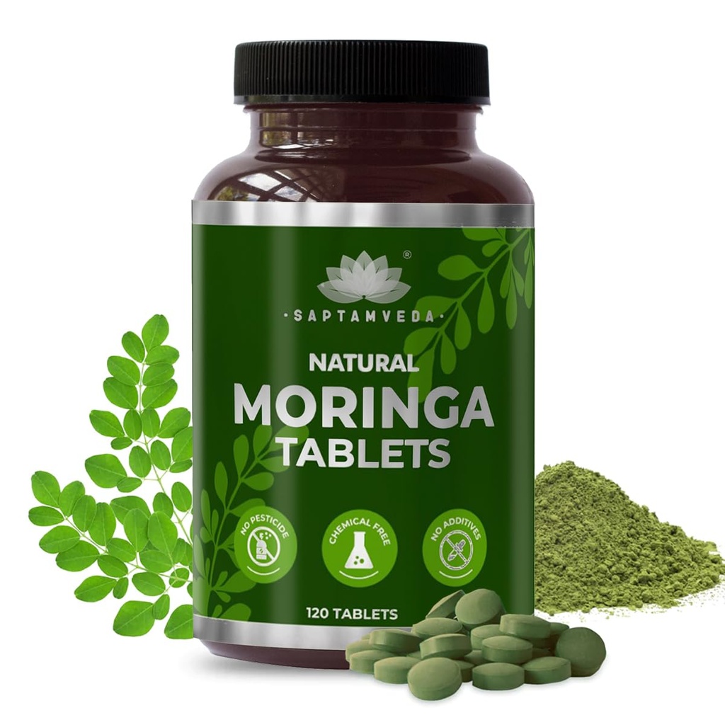SAPTAMVEDA Natural Moringa Tablets, Drumstick Blatt Tablets (120 Tabletten) - 500mg Jeder | Natürliche Multi-Vitamin | Reich an Anti-Oxidant, Immunität Booster | Gut für Haar & Haut aus Indien Farmen