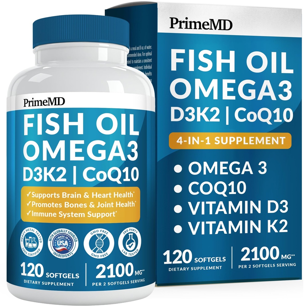 4-in-1 Fischöl Omega 3 Fettergänzungen (2100mg) - Omega 3 Fischöl mit Vitamin D3 K2 und CoQ10 - Zitrone aromatisiert (120 Softgele)