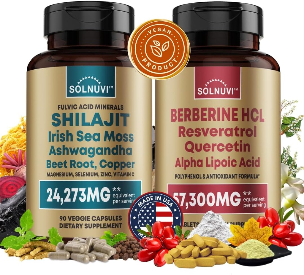 Ensemble tout en une vitalité - Shilajit Pure Himalayan Organic & Berberine HCl Complex - Sea Moss, Ashwagandha, Resvératrol, Alpha Lipoic Acid, Quercetin - Non-OGM, Sans gluten, Supplément végétalien